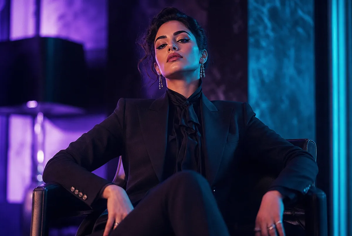 Selbstbewusste glamouröse Person im eleganten Outfit, Neonlicht