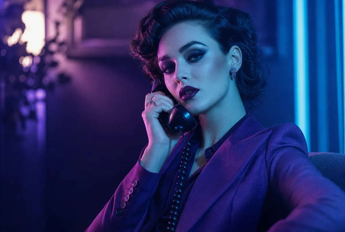 Elegante glamouröse Person im Violett-Cyan-Neonlicht mit Telefon